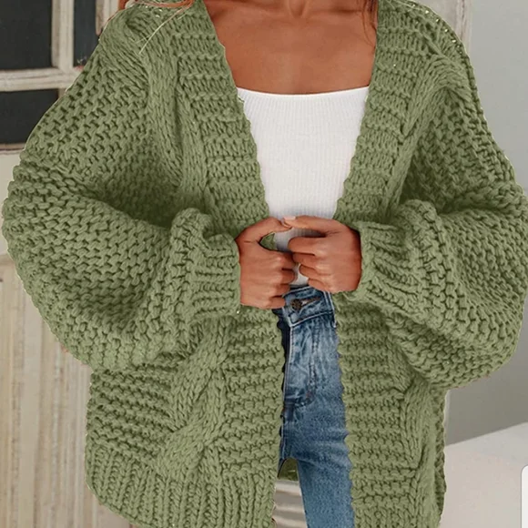 NEW OLIVE GREEN OVERSIZED CHUNKY KNIT OPEN CARDIGAN - Picture 2 of 5